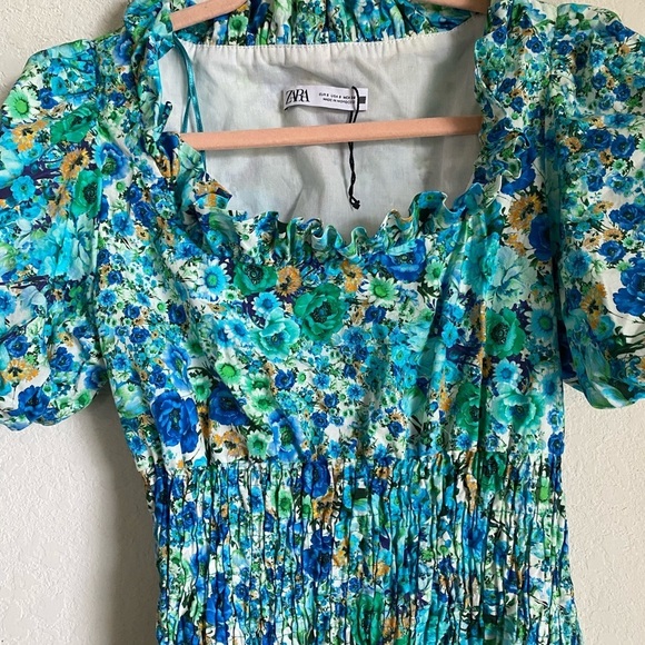 Zara Floral Print Smocked Bodice Ruffle Hem Square Neck Puff Sleeve Mini Dress S - Picture 7 of 14